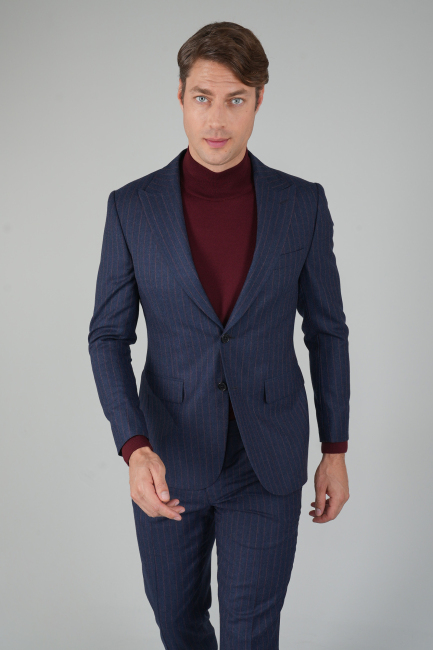 Erkek Kırlangıç Yaka 6 Drop Çizgili Lacivert Takım Elbise