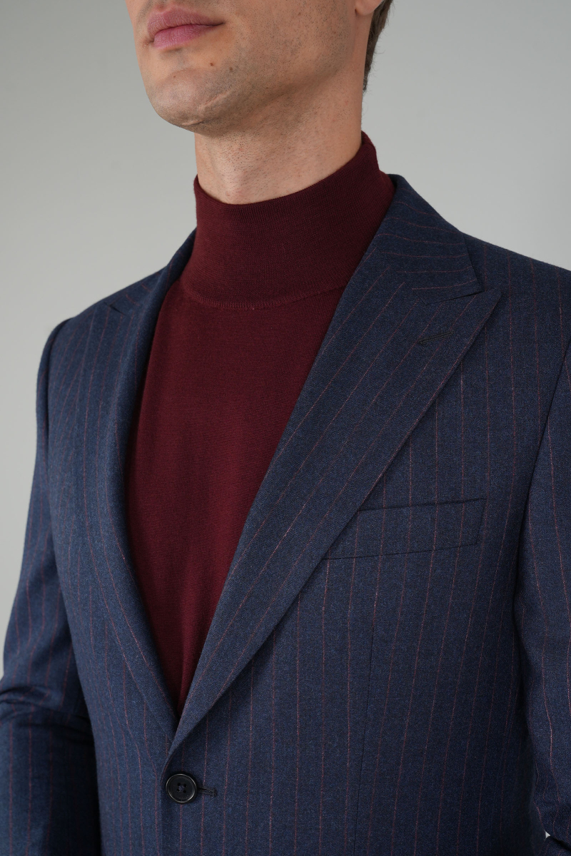 Erkek Kırlangıç Yaka 6 Drop Çizgili Lacivert Takım Elbise - 4