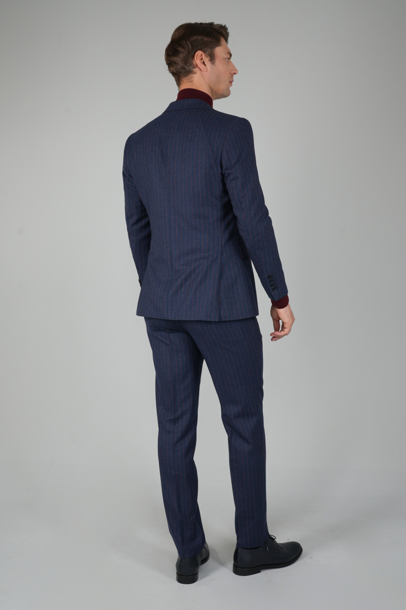 Erkek Kırlangıç Yaka 6 Drop Çizgili Lacivert Takım Elbise (1)