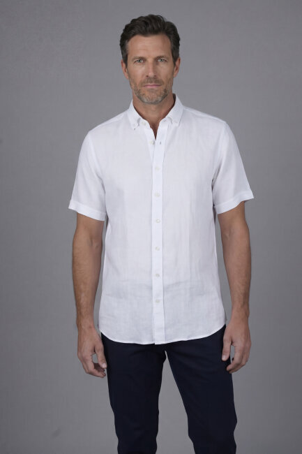 Erkek Kısa Kol Paşa Yaka Cepsiz Sedef Düğme Gömlek Beyaz - 1