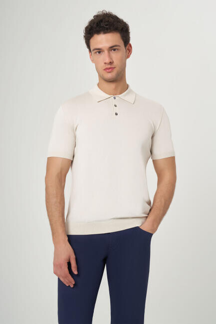Erkek Kısa Kol Polo Yaka Düğmeli Basic Yazlık Triko T-Shirt Ekru - 3