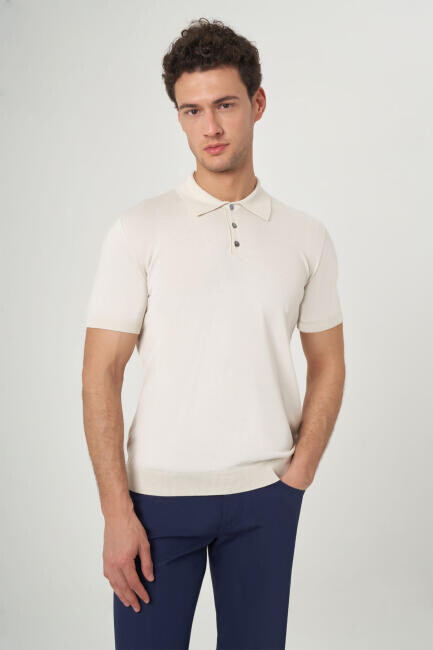 Erkek Kısa Kol Polo Yaka Düğmeli Basic Yazlık Triko T-Shirt Ekru 
