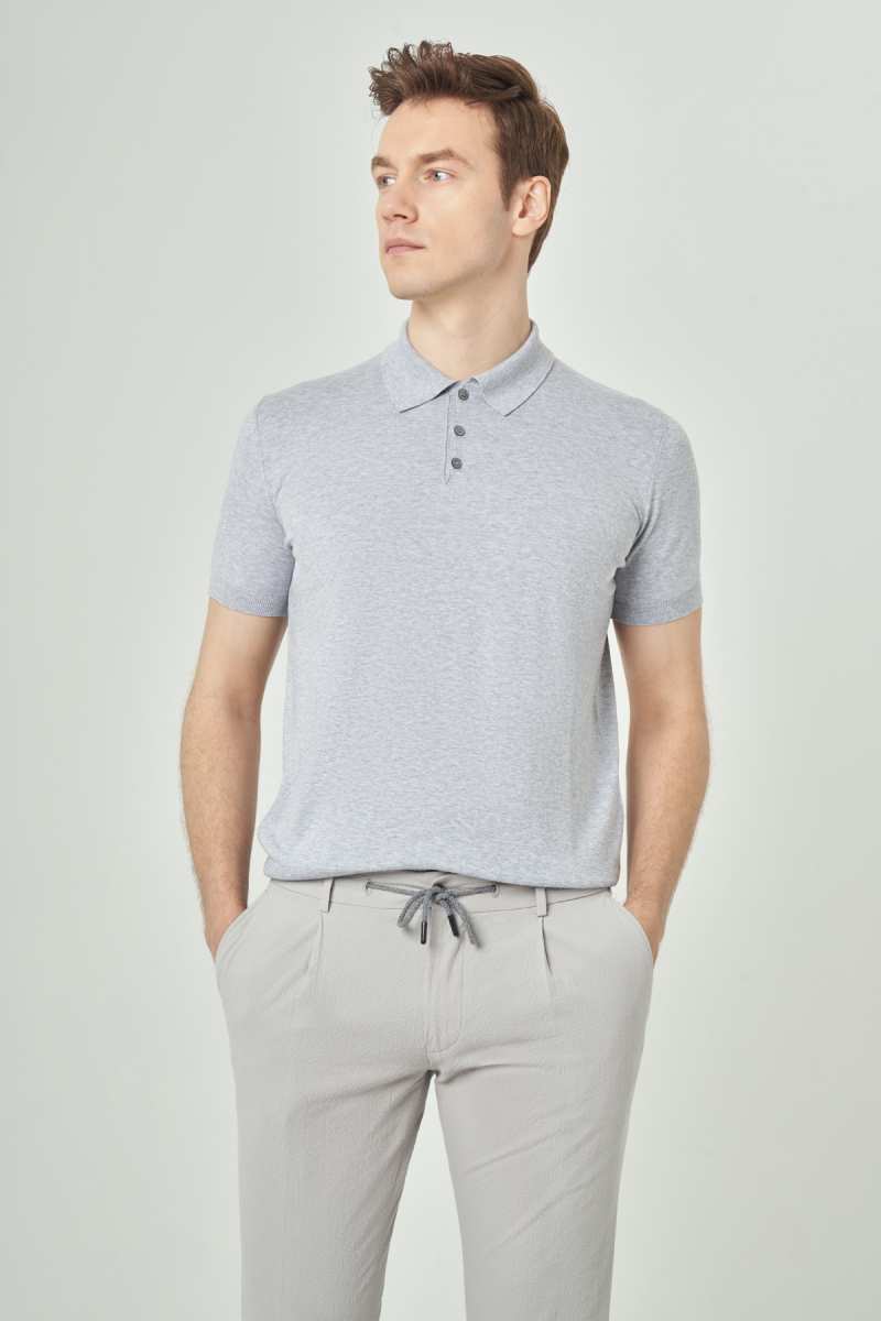 Erkek Kısa Kol Polo Yaka Düğmeli Basic Yazlık Triko T-Shirt Gri - 3