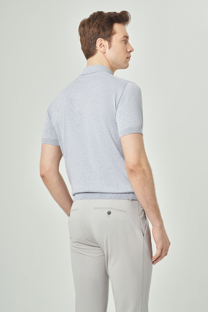 Erkek Kısa Kol Polo Yaka Düğmeli Basic Yazlık Triko T-Shirt Gri (1)