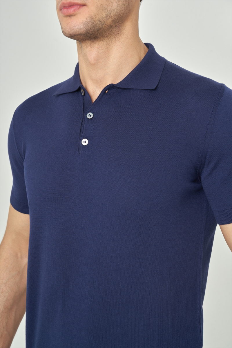 Erkek Kısa Kol Polo Yaka Düğmeli Basic Yazlık Triko T-Shirt Lacivert - 3