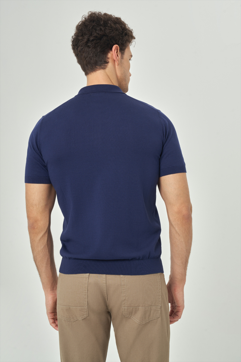 Erkek Kısa Kol Polo Yaka Düğmeli Basic Yazlık Triko T-Shirt Lacivert (1)