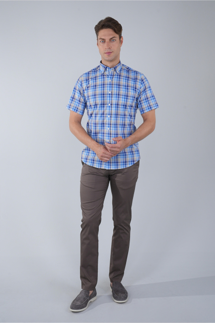 Erkek Kısa Kollu Regular Fit Pamuk Mavi Gömlek - 5