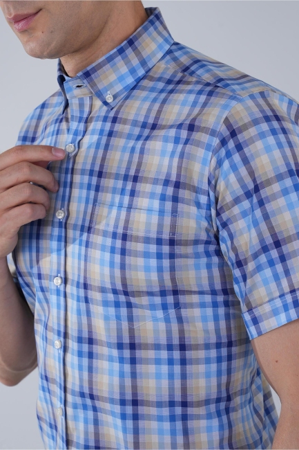 Erkek Kısa Kollu Regular Fit Pamuk Mavi Gömlek - 3