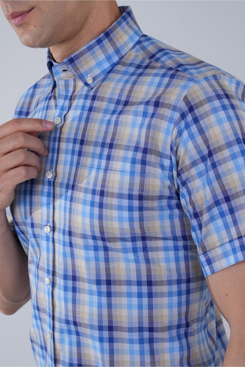 Erkek Kısa Kollu Regular Fit Pamuk Mavi Gömlek - 3