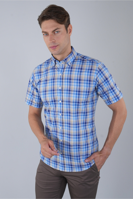 Erkek Kısa Kollu Regular Fit Pamuk Mavi Gömlek