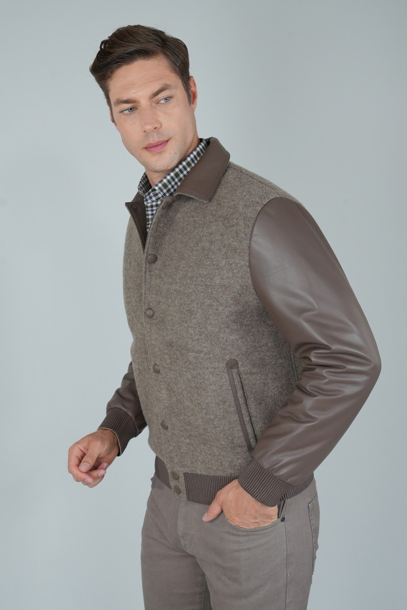 Erkek Kolları Deri Kaşe Mont Vizon - 5