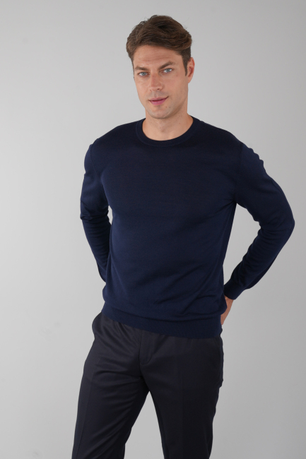 Erkek Lacivert Bisiklet Yaka Yün Triko - 3