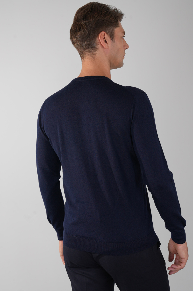 Erkek Lacivert Bisiklet Yaka Yün Triko - 2