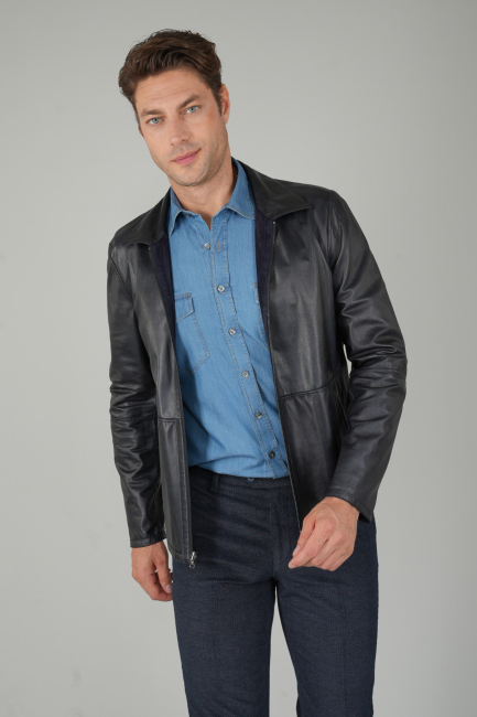 Erkek Lacivert Gerçek Deri Mont