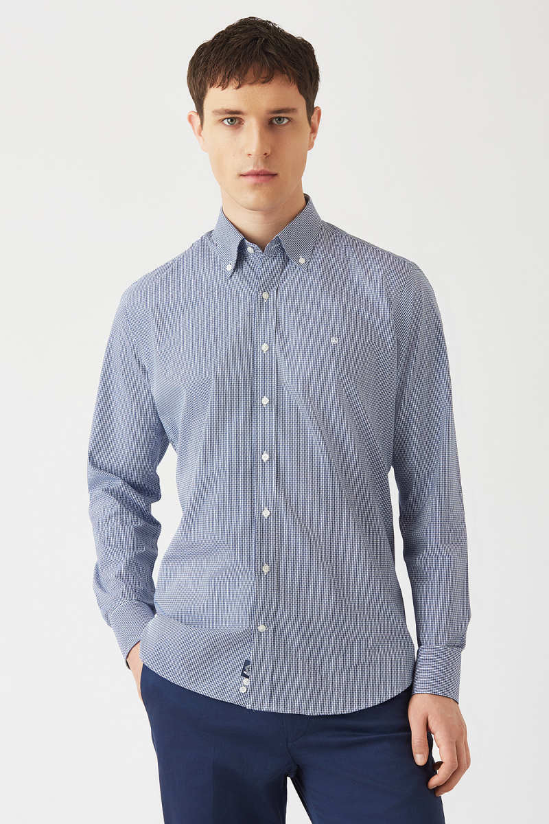 Erkek Lacivert Pamuk Regular Fit Düğmeli Yaka Erkek Gömlek - 1