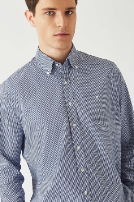 Erkek Lacivert Pamuk Regular Fit Düğmeli Yaka Erkek Gömlek - 3