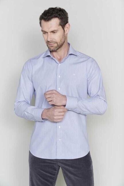 Erkek Lacivert Pamuk Regular Fit İtalyan Yaka Klasik Gömlek - 4