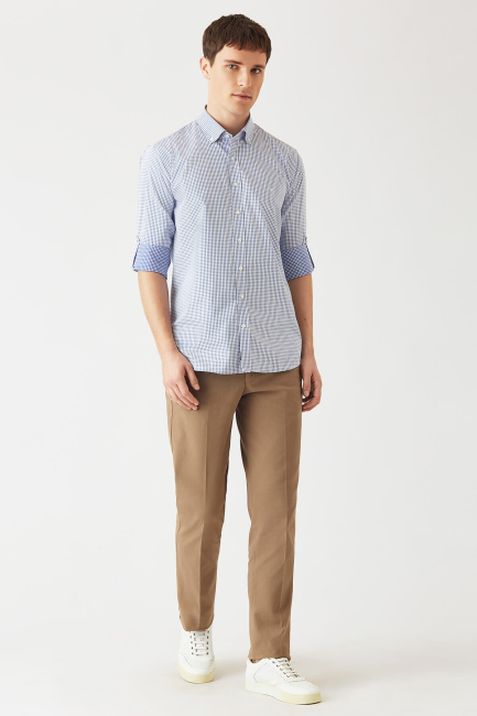 Erkek Lacivert Pamuk Regular Fit Paşa Yaka Spor Gömlek - 4