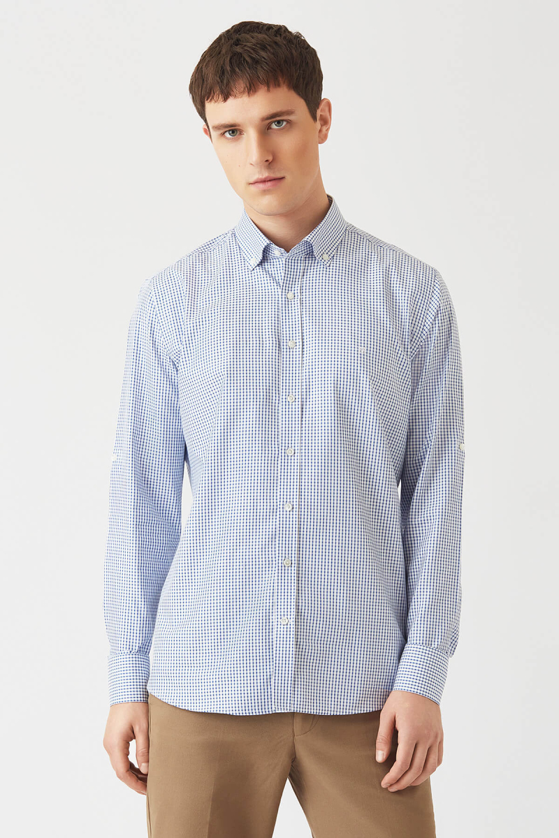 Erkek Lacivert Pamuk Regular Fit Paşa Yaka Spor Gömlek - 1