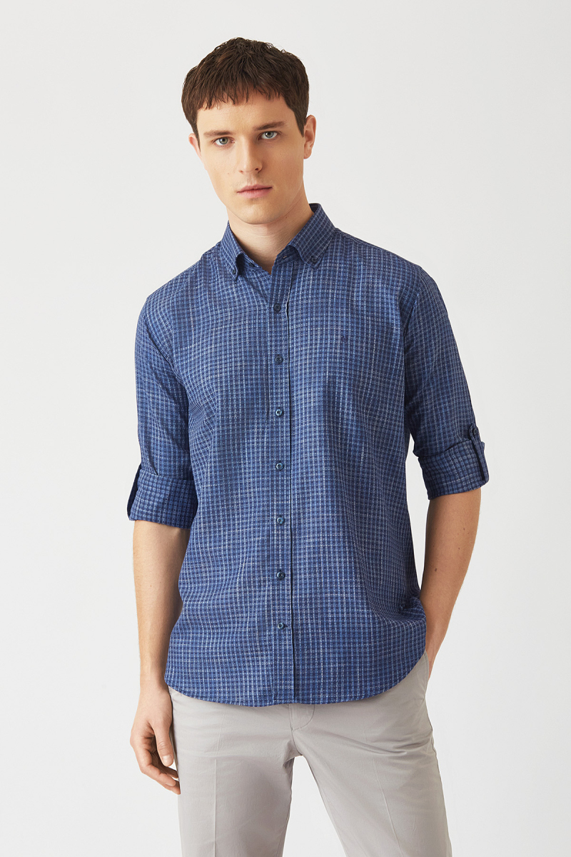 Erkek Lacivert Pamuk Regular Fit Spor Gömlek - 1