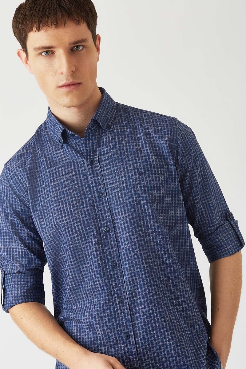 Erkek Lacivert Pamuk Regular Fit Spor Gömlek - 3