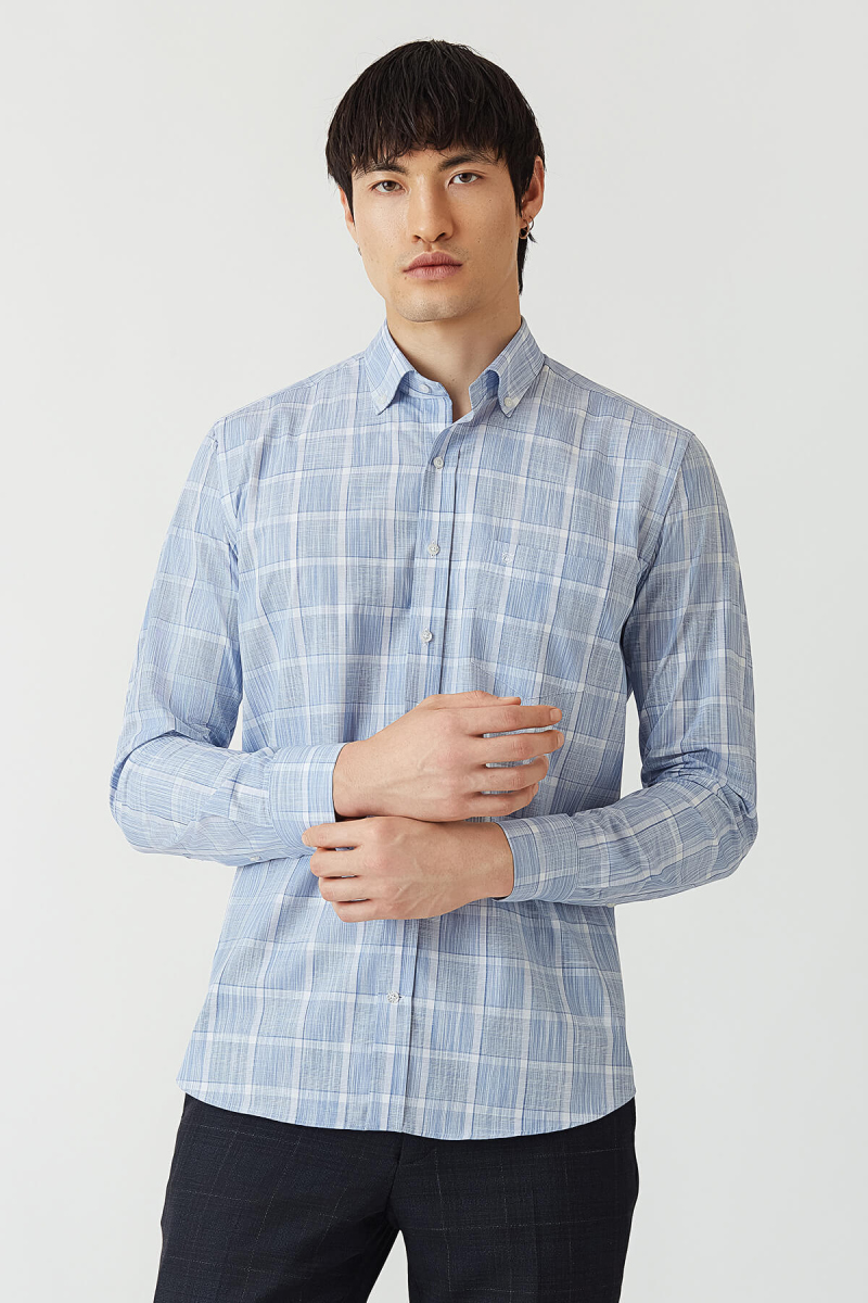 Erkek Lacivert Paşa Yaka Regular Fit Uzun Kol Spor Gömlek - 5