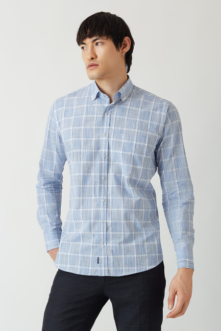 Erkek Lacivert Paşa Yaka Regular Fit Uzun Kol Spor Gömlek - 4