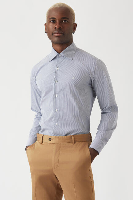 Erkek Lacivert Regular Fit Likralı Basic Klasik Gömlek - 3