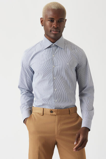 Erkek Lacivert Regular Fit Likralı Basic Klasik Gömlek - 4