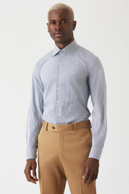 Erkek Lacivert Regular Fit Likralı Basic Klasik Gömlek - 5