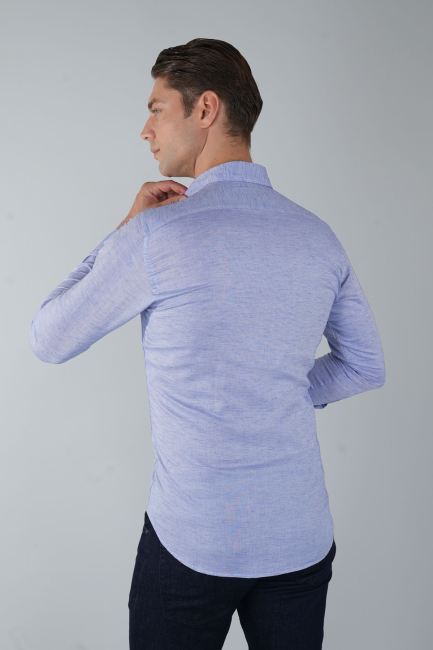 Erkek Lacivert Uzun Kol Paşa Yaka Cepli Gömlek - 2