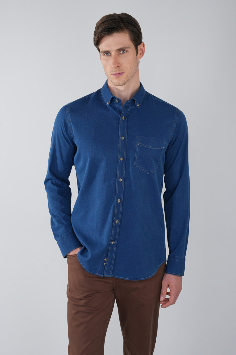 Erkek Lacivert Uzun Kol Paşa Yaka Tek Cep Gömlek - 1