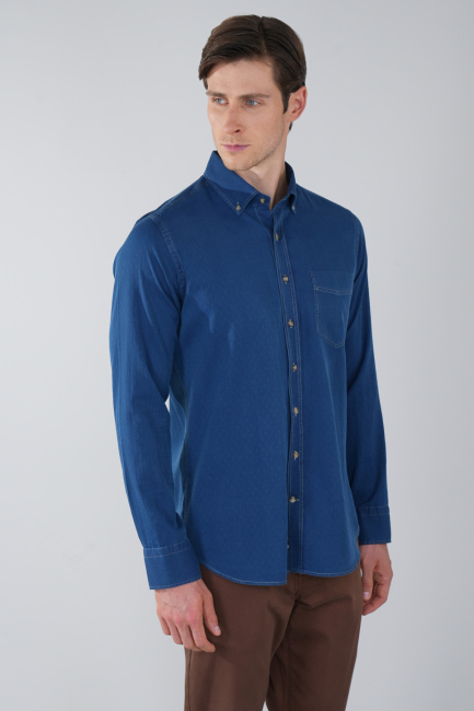 Erkek Lacivert Uzun Kol Paşa Yaka Tek Cep Gömlek - 4