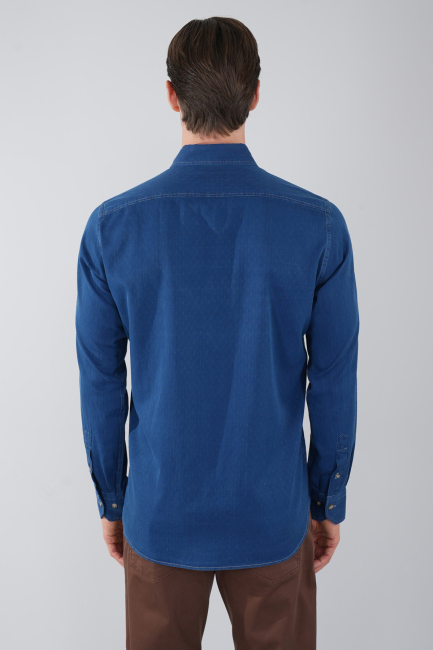 Erkek Lacivert Uzun Kol Paşa Yaka Tek Cep Gömlek - 2