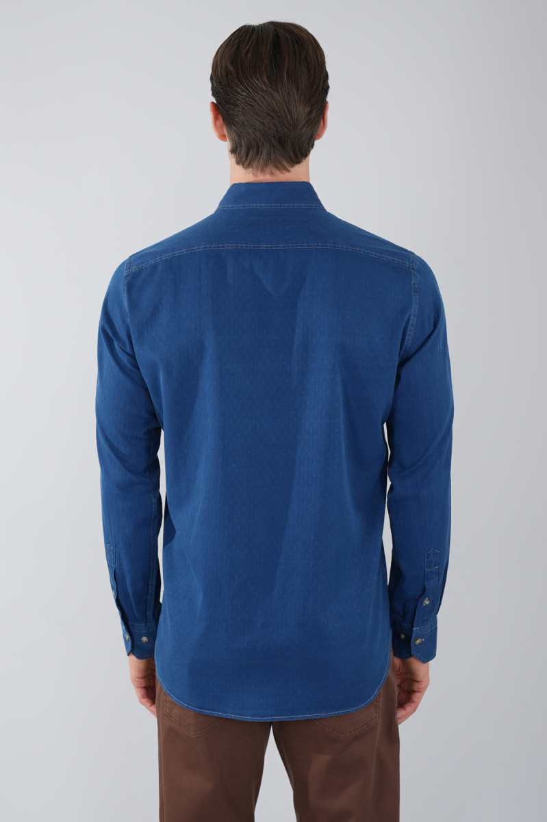 Erkek Lacivert Uzun Kol Paşa Yaka Tek Cep Gömlek - 2