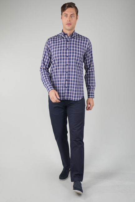 Erkek Lacivert Uzun Kollu Kareli Spor Gömlek - 5