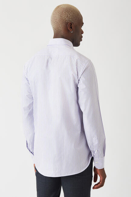 Erkek Lila Desenli Regular Fit Pamuk Spor Gömlek - 2