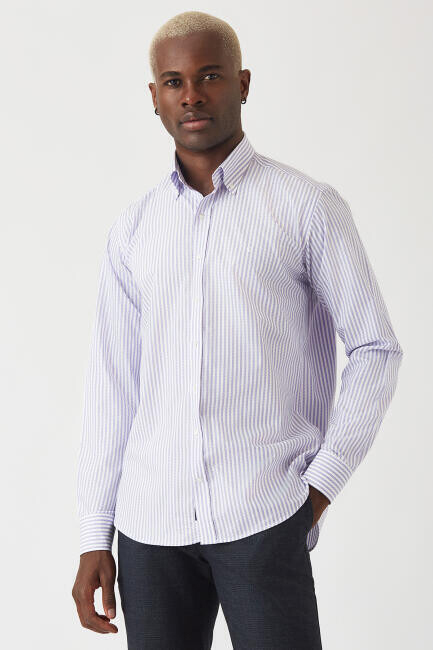 Erkek Lila Desenli Regular Fit Pamuk Spor Gömlek - 1