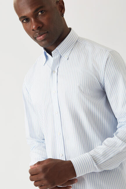 Erkek Mavi Desenli Regular Fit Uzun Kol Gömlek - 3