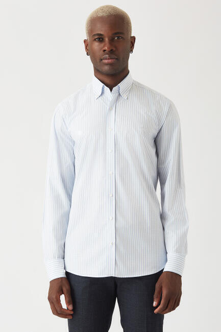 Erkek Mavi Desenli Regular Fit Uzun Kol Gömlek - 5