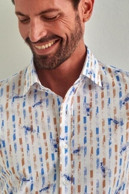 Erkek Mavi Desenli Slim Fit Pamuk Spor Gömlek - 3