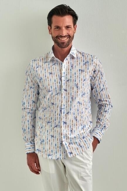 Erkek Mavi Desenli Slim Fit Pamuk Spor Gömlek