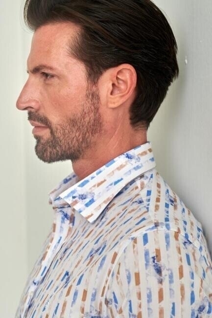 Erkek Mavi Desenli Slim Fit Pamuk Spor Gömlek - 5