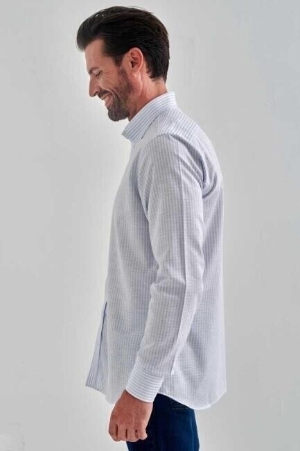 Erkek Mavi Keten Karışımlı Düğmeli Yaka Regular Fit Spor Gömlek - 5