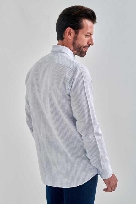 Erkek Mavi Keten Karışımlı Düğmeli Yaka Regular Fit Spor Gömlek - 2