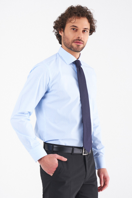 Erkek Mavi Pamuk Regular Fit İtalyan Yaka Klasik Gömlek - 1