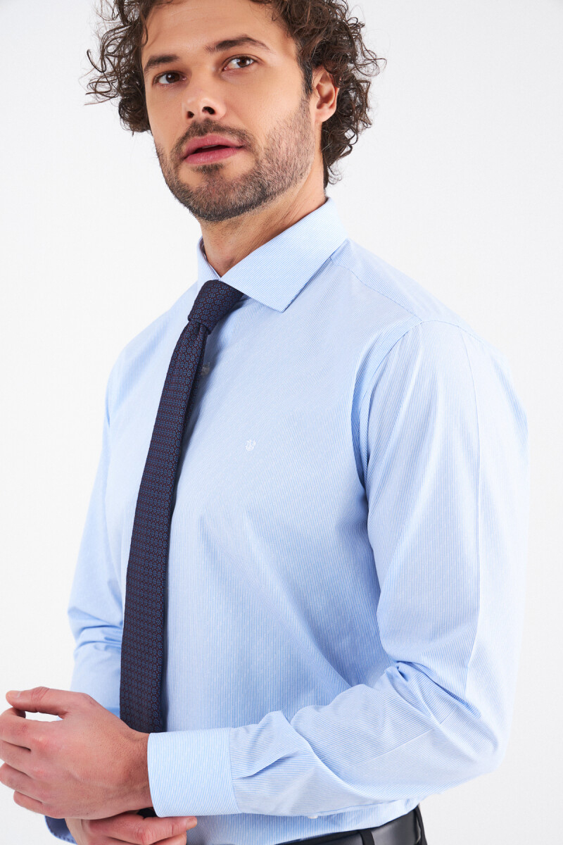 Erkek Mavi Pamuk Regular Fit İtalyan Yaka Klasik Gömlek - 5