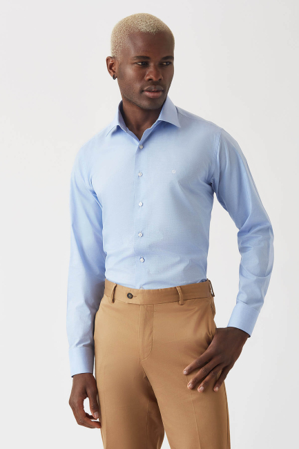 Erkek Mavi Pamuk Regular Fit Klasik Gömlek - 3