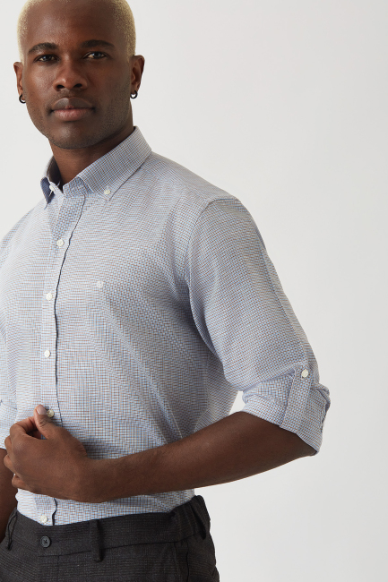 Erkek Mavi Pamuk Regular Fit Paşa Yaka Spor Gömlek - 3