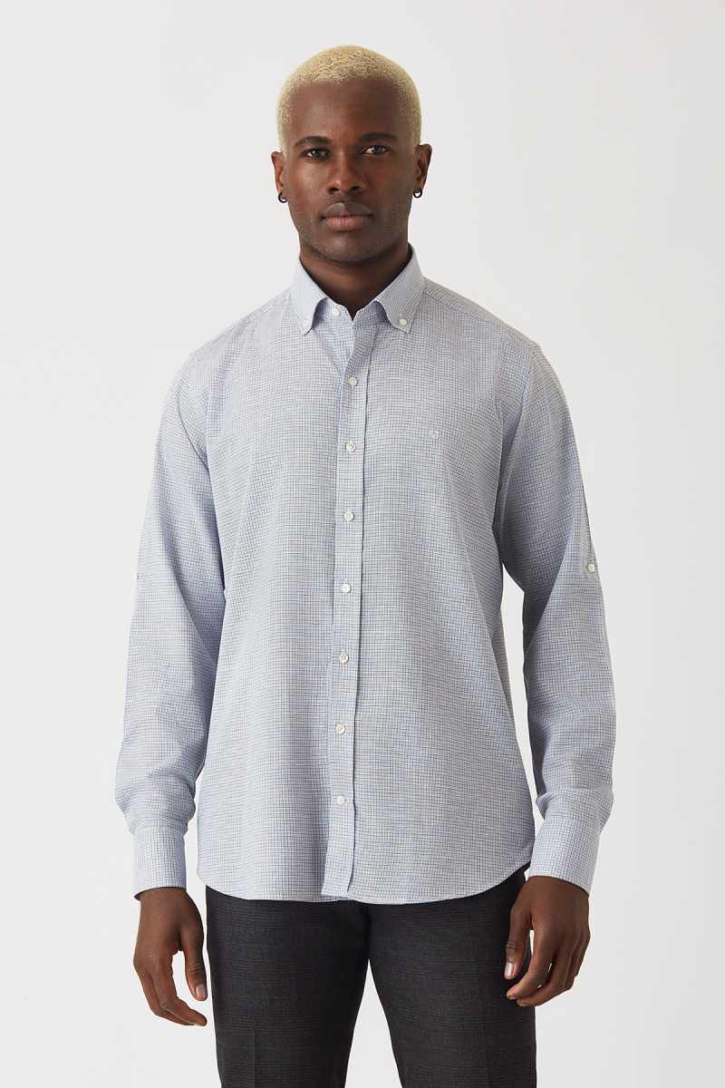 Erkek Mavi Pamuk Regular Fit Paşa Yaka Spor Gömlek - 4